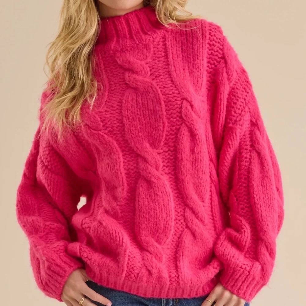 Altar'd State Cable Knit Sweater sz Medium Hot Pink Mock Neck Chunky Knit